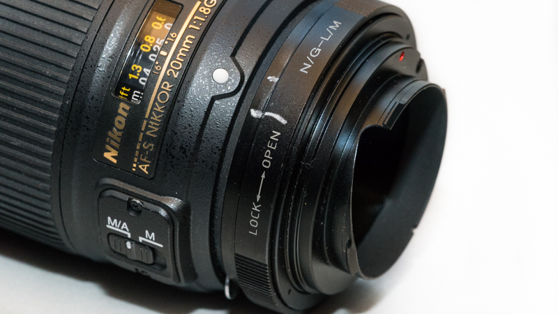 Pixco Nikon G -> Leica M adapter mounted on Nikon AF-S 20mm 1.8G